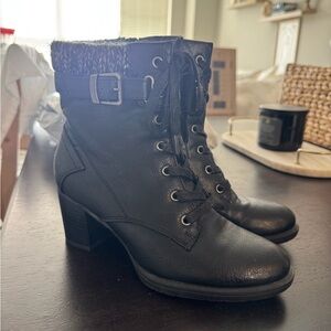 Bass Black Lace-Up Block Heel Ankle Boots with Buckle Detail